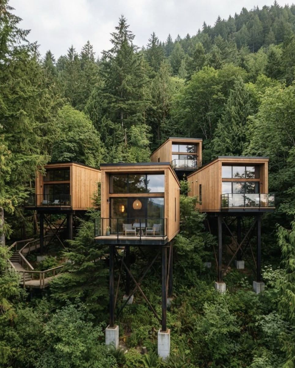 Design inspiration: a cluster of modern timber cabins on stilts among tall pines, with walkways between them